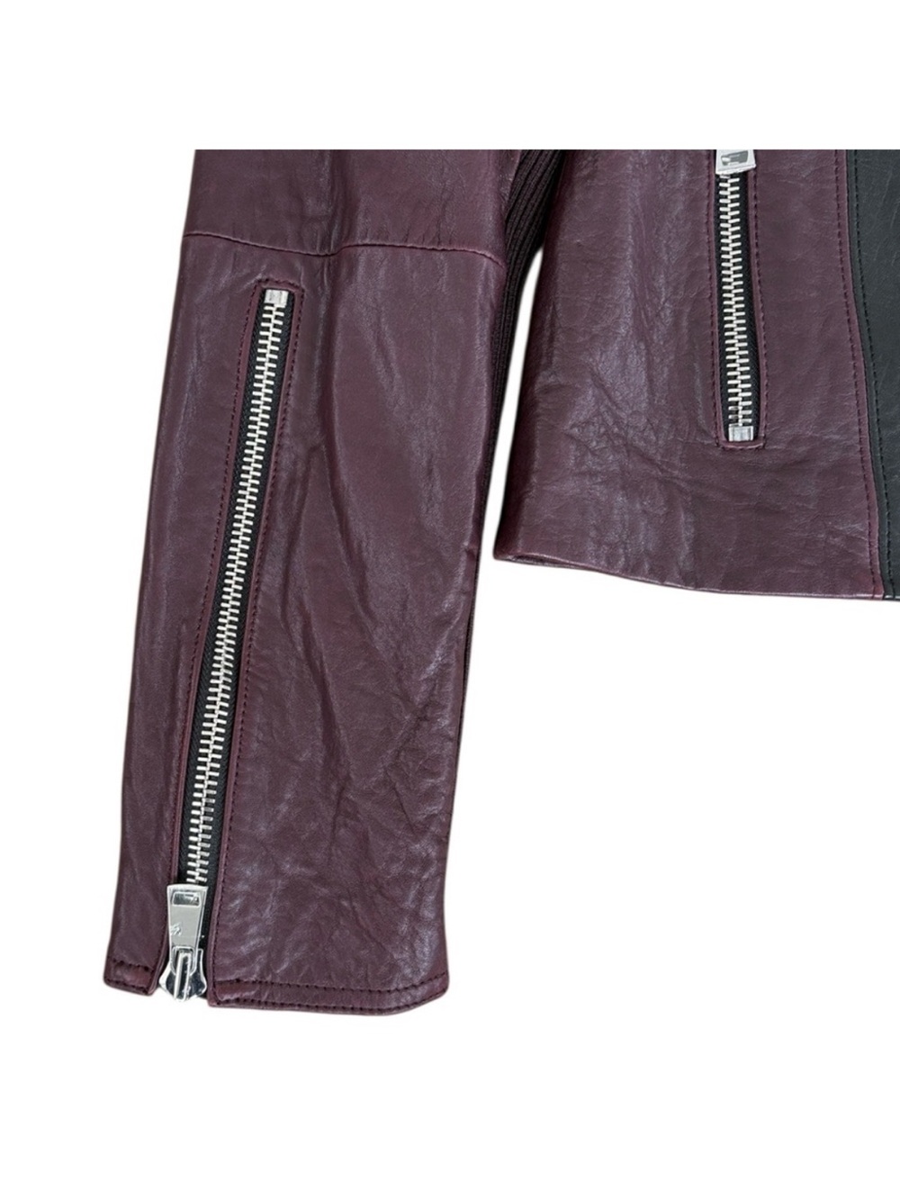 VINCE Lambskin Leather Two Tone Moto Jacket Black Burgundy Women’s Size M EUC - Picture 4 of 14